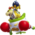 Bowser Jr. riding a Koopa Clown Car and holding a Bob-omb