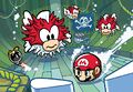 Mario fighting Porcupuffer and Spiny Cheep-Cheeps in Mario Pinball Land.