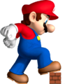 Mega Mario about to crush a Brick Block.