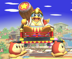 Super Smash Bros. Brawl screenshot of Waddle Dees carrying King Dedede on stage for his stage entrance